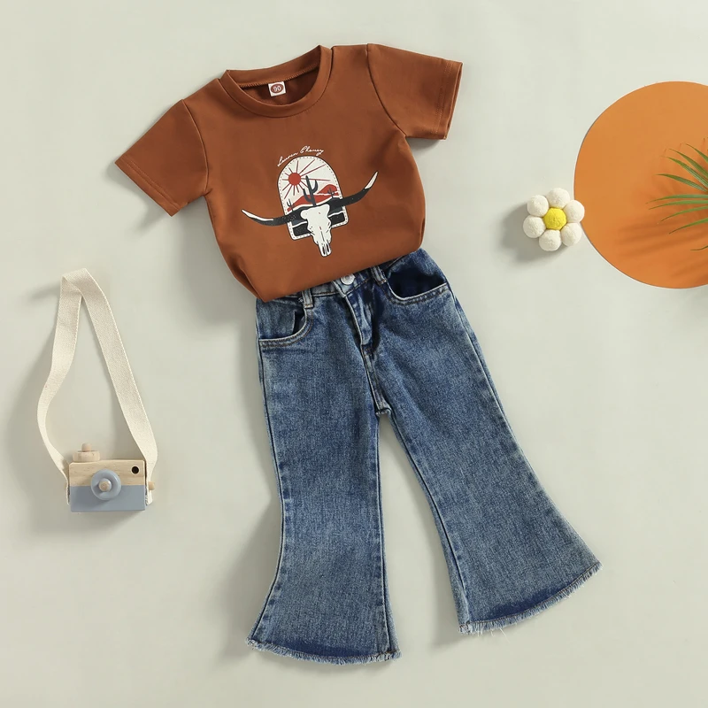 

Toddler Girls Summer Outfit Sets Brown Short Sleeve Cattle Head Print Tops + Denim Flared Pants 9Months-5Years