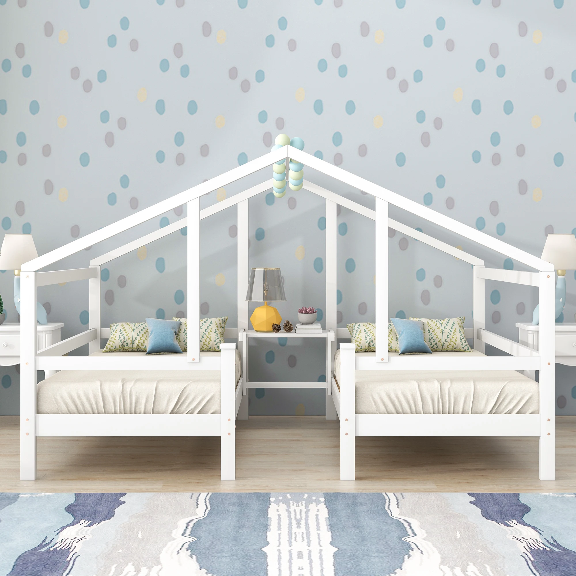 

Cute Twin Bed 200*90cm House Bed for 2 Children Two Single Beds Under One Roof Solid Wood Kids Beds with Fall Protection Frame