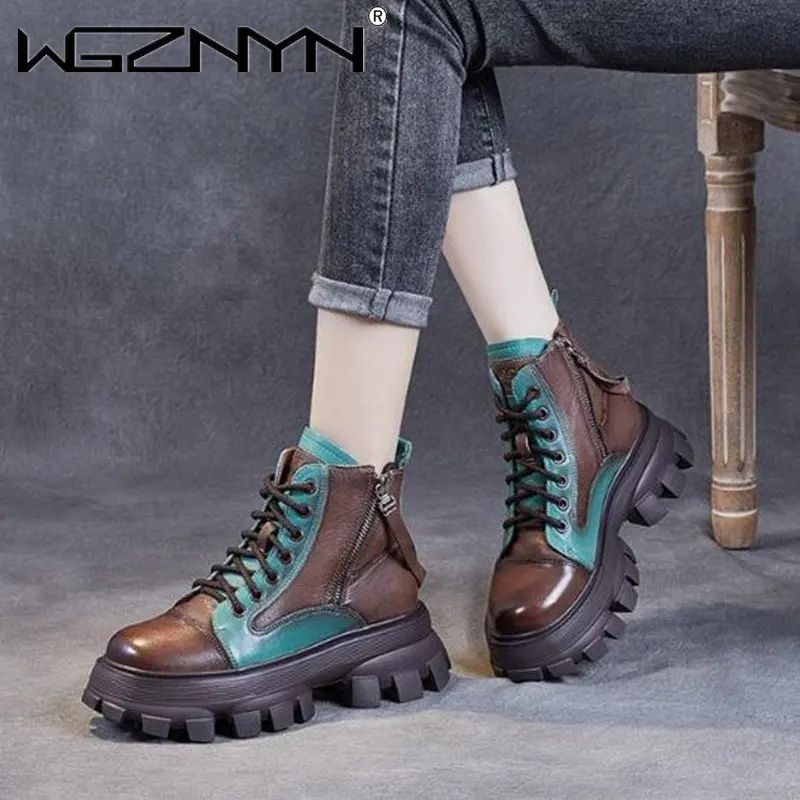 

Ботинки ручной работы женские, винтажные кожаные ботинки на толстой подошве, с двойной молнией, на шнуровке, рыцарские ботинки, цвет мягкий, ...