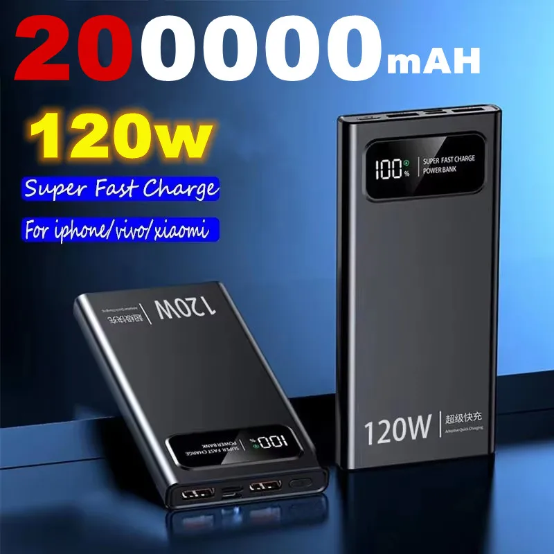 Фото 120 Вт 200000 mAh Power Bank Супер быстрая зарядка Высокая емкость Портативный цифровой дисплей Светодиодный Power Bank для iPhone Samsung Xiaomi №1