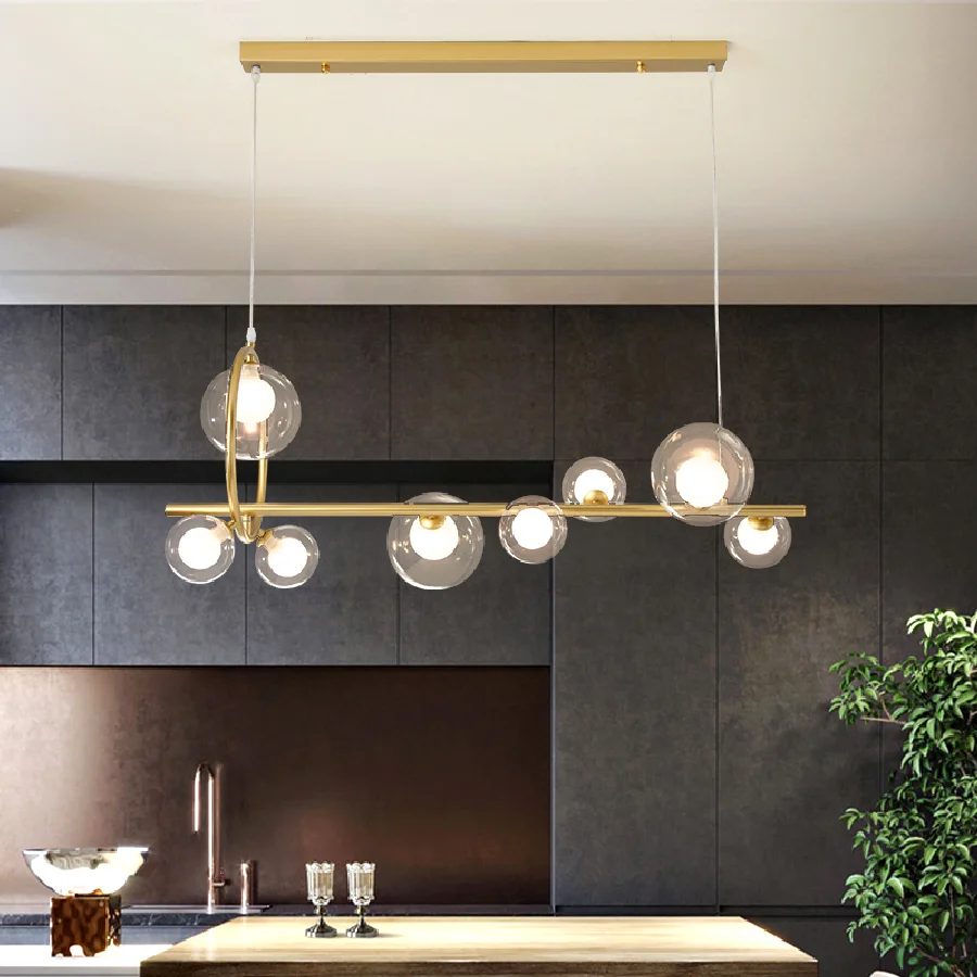 

Golden LED Chandelier Clear Glass Ball Modern Long Pendant Lamp For Dining Room Bar Restaurant Coffee Shop Office Hanging Light