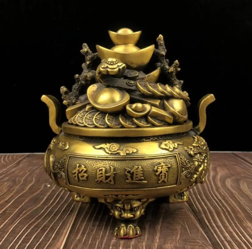 

Archaize brass Three feet dragon phoenix treasure bowl Home Decor crafts statue