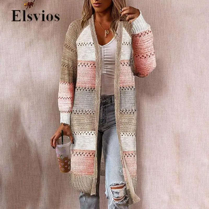 

Autumn Casual Office Lady Long Sleeve Cardigan Tops Fashion Loose Knitting Long Outwear Winter Knit Patchwork Color Sweater Coat