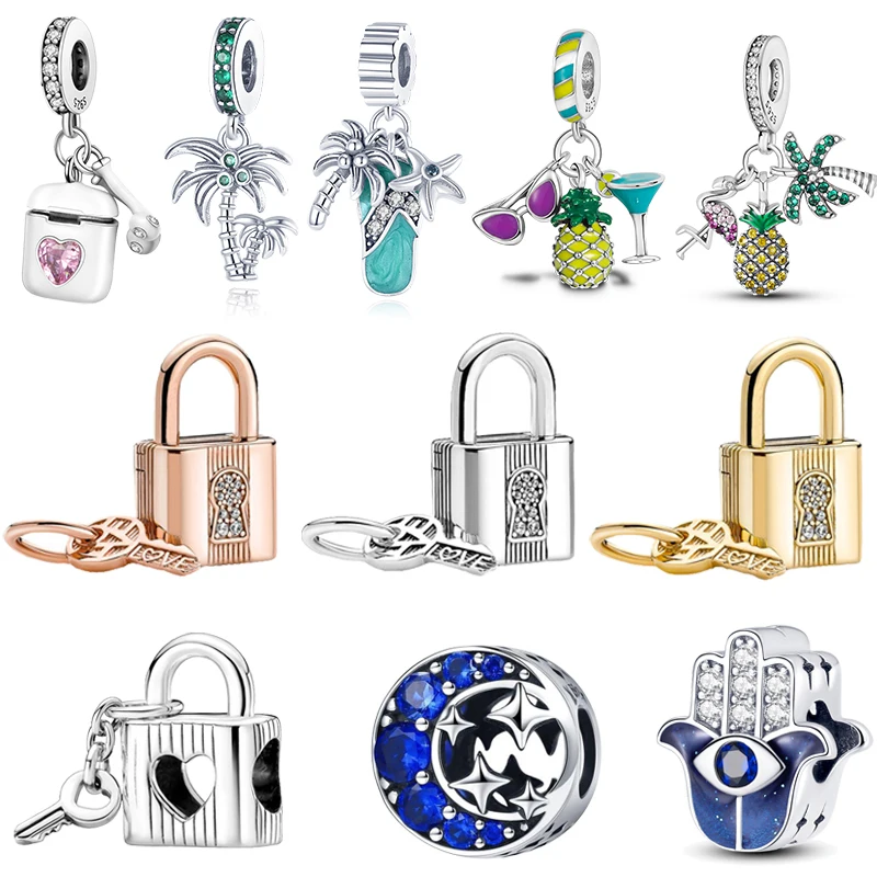 

2022 New Padlock Key Dangle Charms pendientes Fit Pandora 925 Original Bracelet Beads for Women Jewelry Gift 925 Sterling Silver