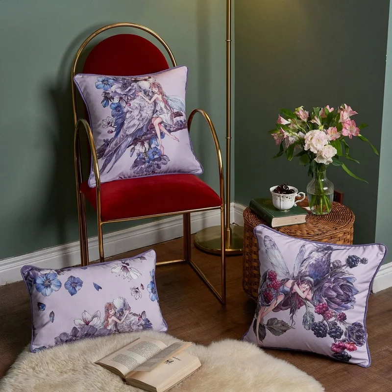 

Purple Cushion Cover Home Decorative Cartoon Printed Boho Floral Bird Elf Pillow Case 30*50/45*45/50*50 Polyester Canvas Pillows