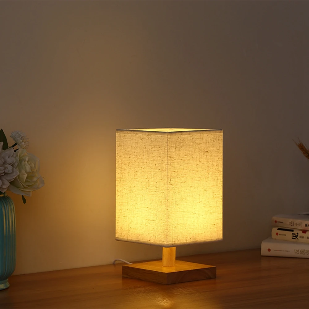 Square cloth table lamp Nordic modern simple bedroom bedside lamp dimmable solid wood table lamp night light