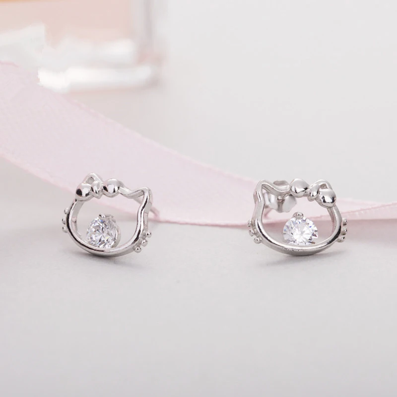 Серебряные милые блестящие циркониевые Серьги Hello Kitty новые изысканные серьги