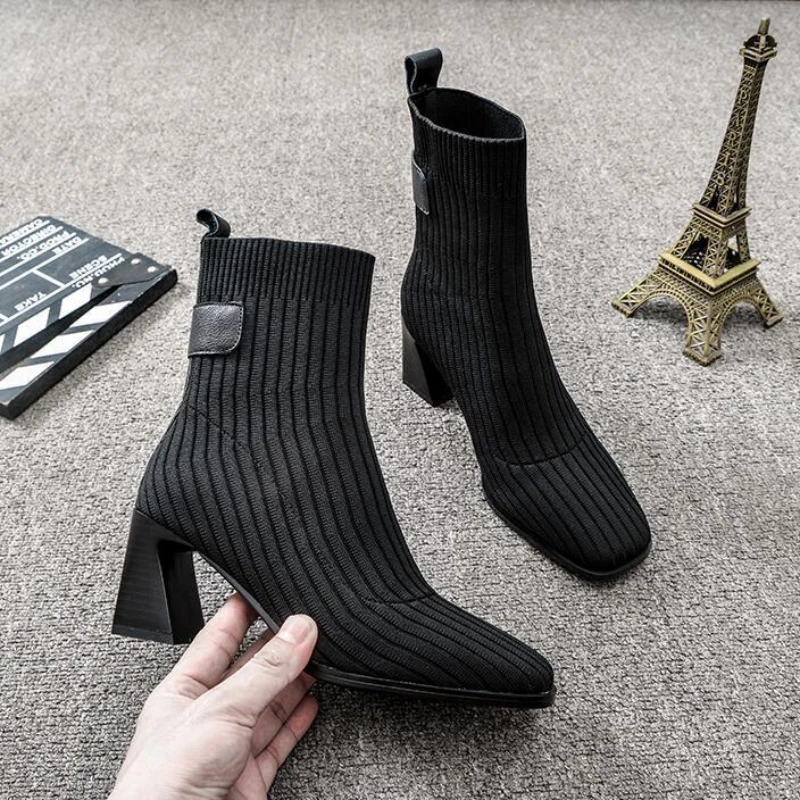 

Ботильоны Lisapie женские из эластичной ткани, без застежки, модные вязаные сапоги-носки, квадратный носок, толстый высокий каблук, на осень