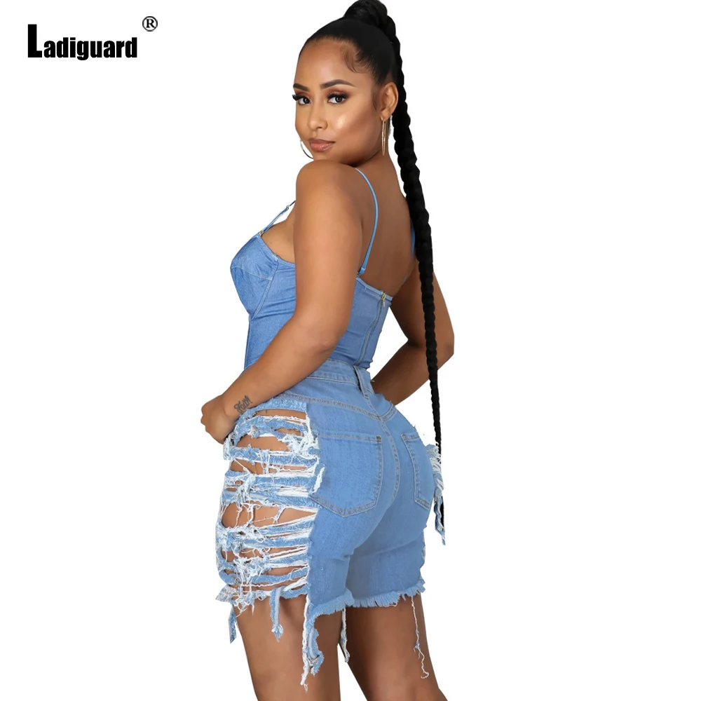Sexy Fashion Shredded Jeans Playsuits Women Casual Sleeveless Denim Skinny Overalls 2023 European Style Ripped Demin Jumpsuits