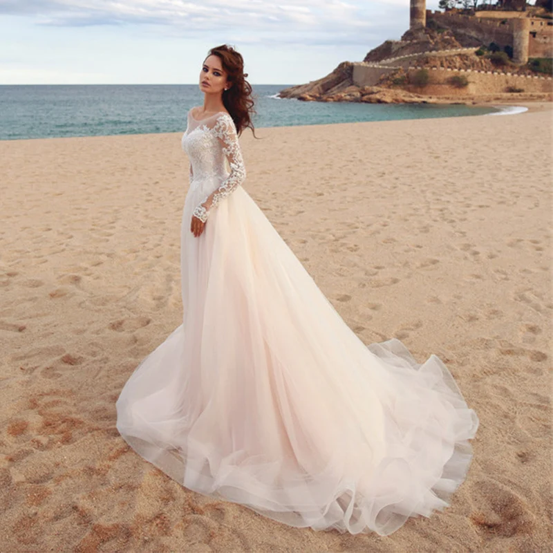 

Charming Boho Wedding Dresses A-line O-neck Full Sleeves Appliques Button Tea-length Bridal Gowns Custom Made Vestidos De Noiva