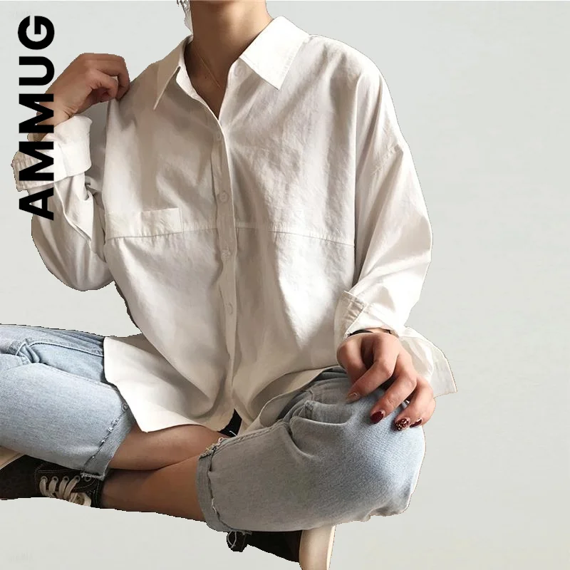 

Ammug Shirt Spring Summer Women Elegant Vintage Office Lady Shirts Turn-down Collar Solid Minimalist Shirts New Chic emale