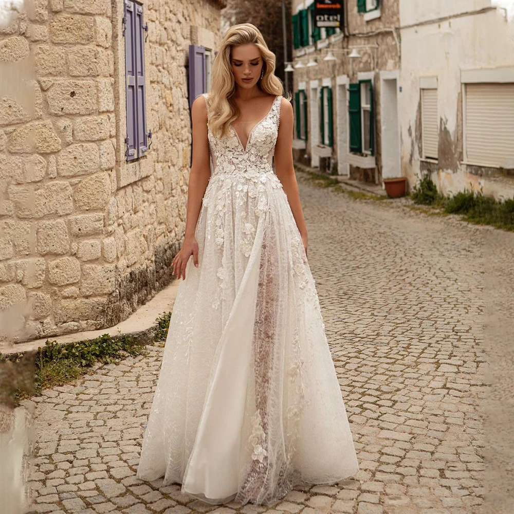 

Современное Тюлевое свадебное платье А-силуэта с V-образным вырезом и кружевной аппликацией, Пляжное свадебное платье в стиле бохо для взрослых 2023, изготовленное на заказ