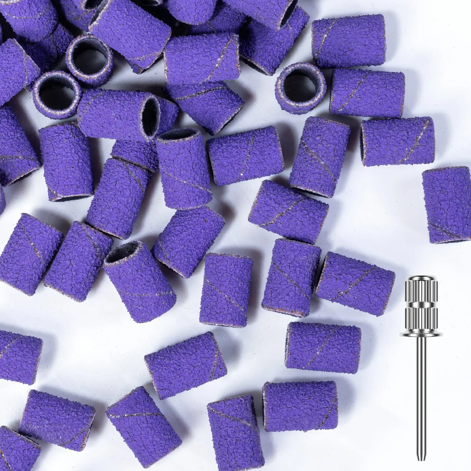 

50PCS Purple Nail Sanding Caps Coarse Grit Nail File Sanding Bands Set with Mandrel Bit for Manicures and Pedicure