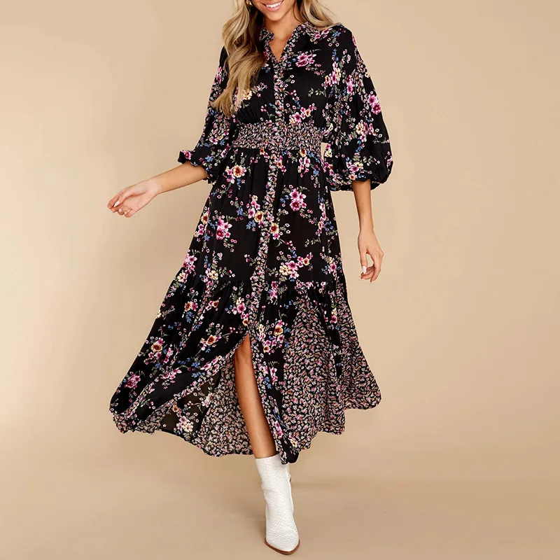 

Women's Dress 2023 Spring Crushed Flower Long Women's Dress Korean Fashion Bubble Sleeve Women's Dress Sunscreen Beach Dress