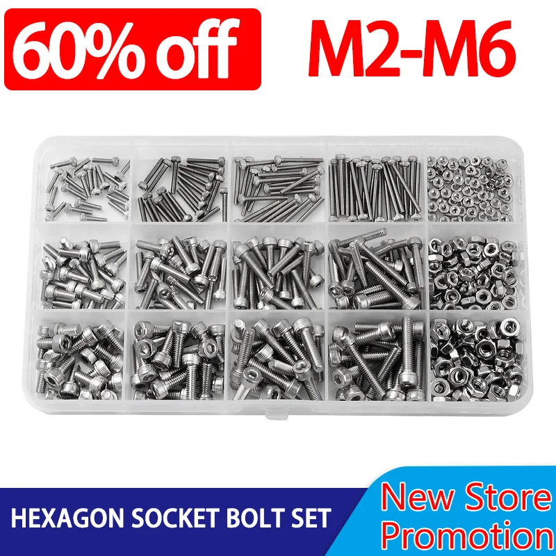 

M2 M3 M4 M5 M6Hex Socket Head Cap Bolt Nut Thread Metric Machine Hexagon Allen Screw Assortment Kit 304 Stainless Steel