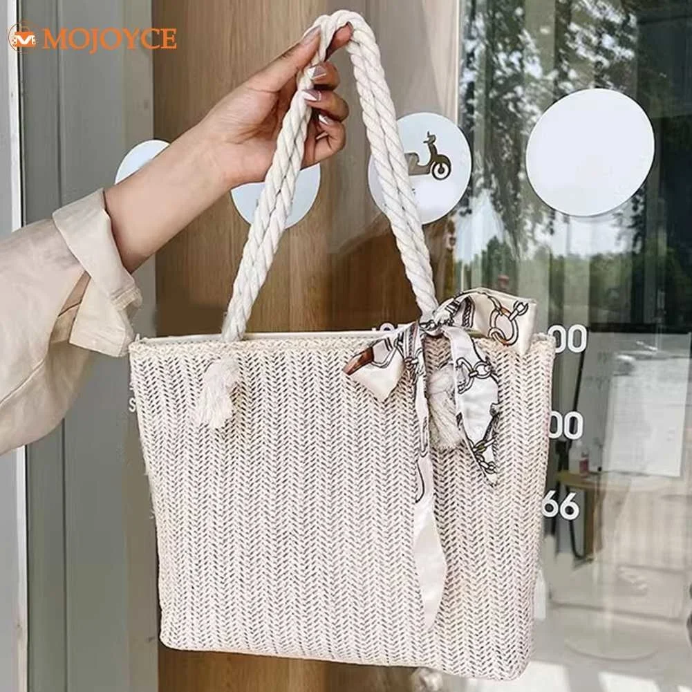 

Women Handmade Handbags Silk Scarf Decor Straw Summer Purse Large Capacity Woven Fashion Zipper Travel Shopping Pouch
