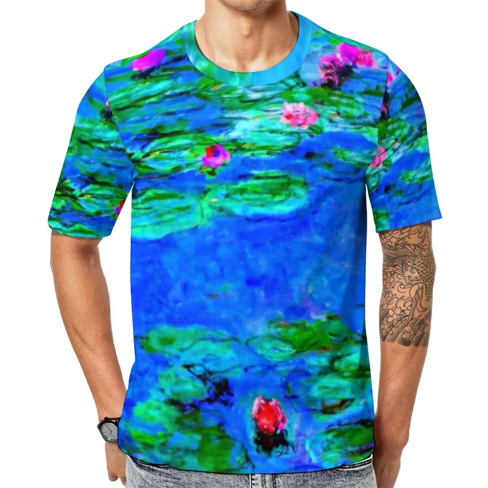 

Футболка мужская с цветочным принтом, красная рубашка в стиле хип-хоп, с принтом Моне, лилии, летняя футболка с коротким рукавом, большие размеры