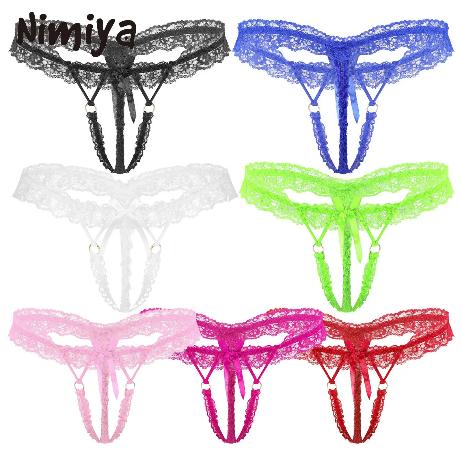 

Nimiya Mens Frilly Solid Lace Nylon Thongs with Bowknot Elastic Waist G-string Crotchless T-back Lingerie Sissy Night Underwears