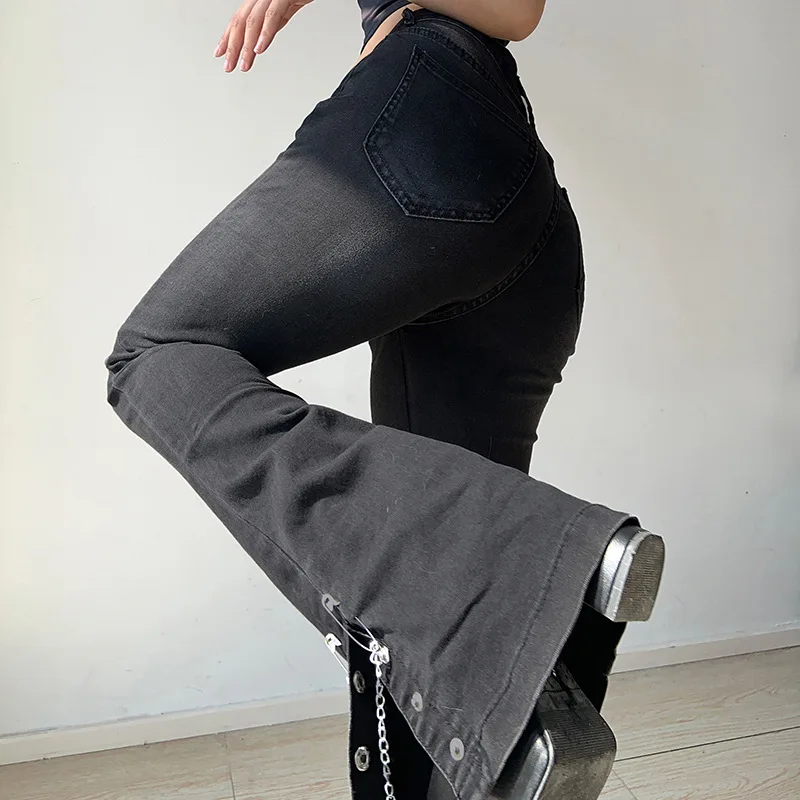 Metal Chain Streetwear Straight Leg Jeans Pants for Women Ladies Casual Black Loose Fit Denim Trousers Fashion Button Split