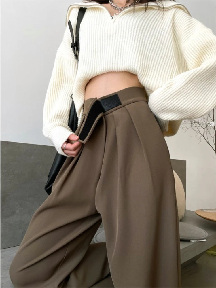 

Office Lady Suit Pants Korean Style Women's Fashion Bottoms Clothes Elegant Velcro High Waist Trousers Loose Straight Leg Slacks