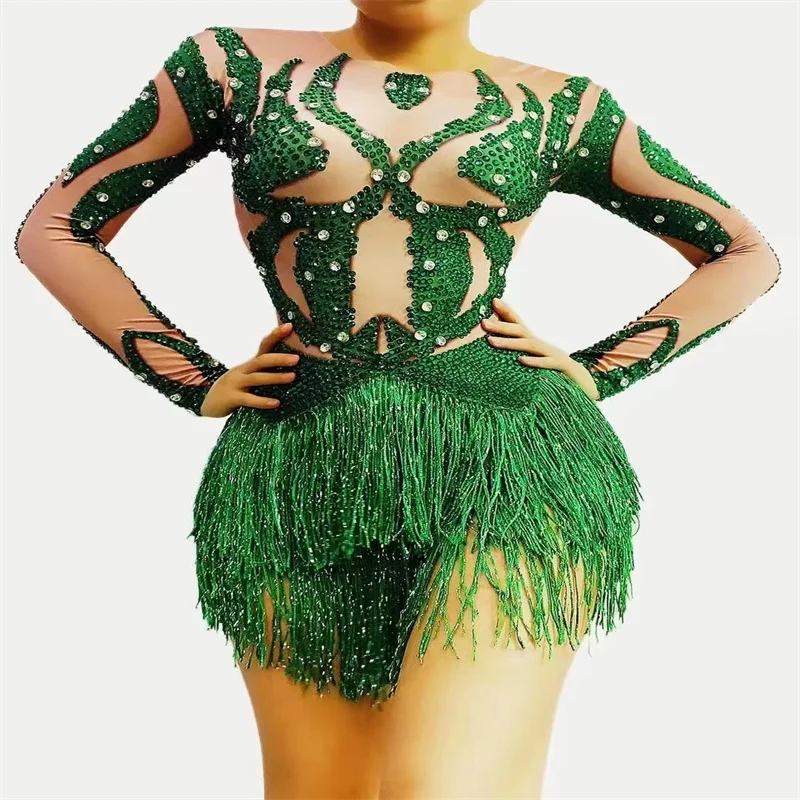 

Q395 Bodysuit Green Tight Full Rhinestones New Crystals Diamonds Tassels Pole-Dancer Catwalk Outfit Costume Perform Show Party