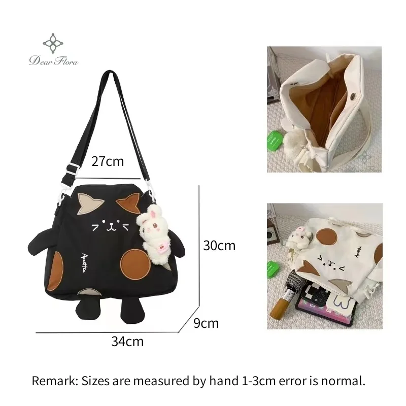 Women Japanese Style Kawaii Cute Nylon Shoulder Bag New Cartoon Cat Embroidery Crossbody Bag Girl Large Capacity Student Handbag