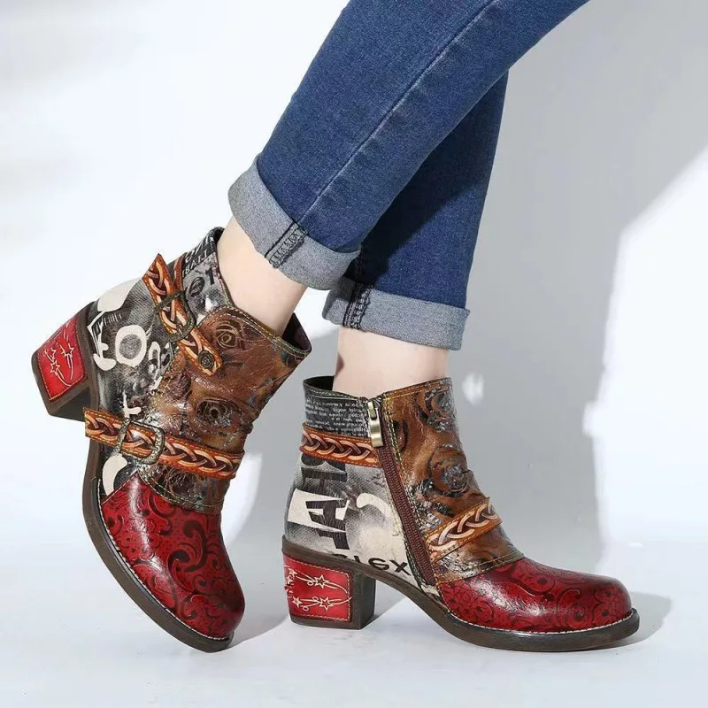 

Bohemian Women Ankle Boots Casual Retro Ethnic Style Printing High Heels Shoes 2024 Autumn New Belt Buckle Leather Short Booties