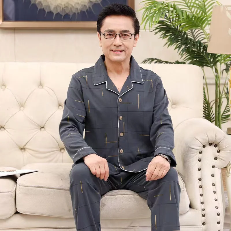 Cotton Pajamas For Men New Style L-4XL Plus Size Spring/Autumn Turn-Down Collar Loose Sleepwear Pyjamas Suits Nightwear Male