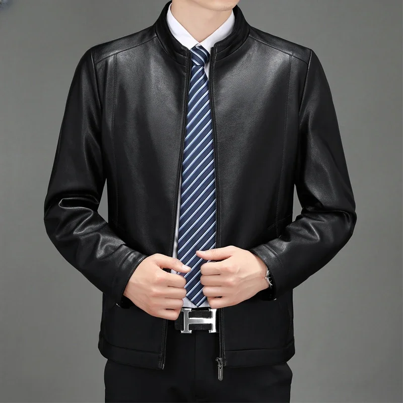 Мужская кожаная куртка с воротником-стойкой повседневная деловая из натуральной