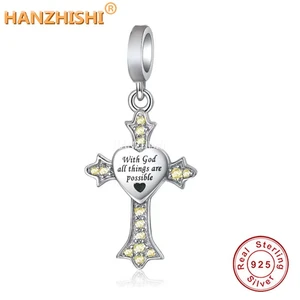 2022 Real 925 Sterling Silver With God All Things Are Possible Cross Dangle Charms Beads Fit Original Bracelet Necklace Jewelry