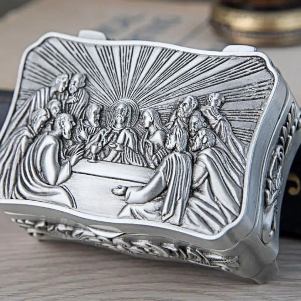 

Vintage jewelry box Catholic Christian Jesus The Last Supper statues Rosary Holy Relic Ring Storage Box prima comunione decorazi