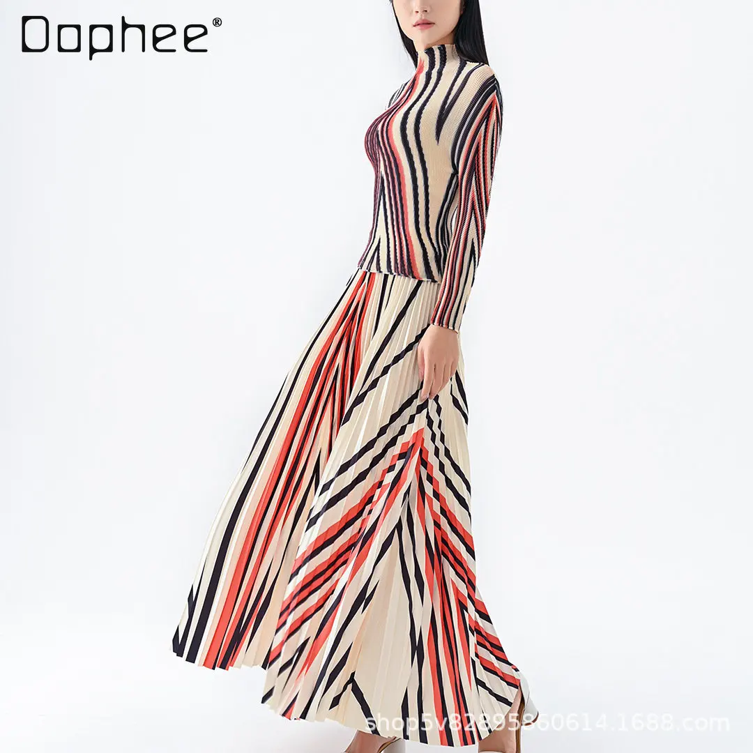 Autumn New Pleated Striped Printed Long Sleeves Top and Pleated Dress Set Ladies Elegant Tops and Skirt Outfit for Women