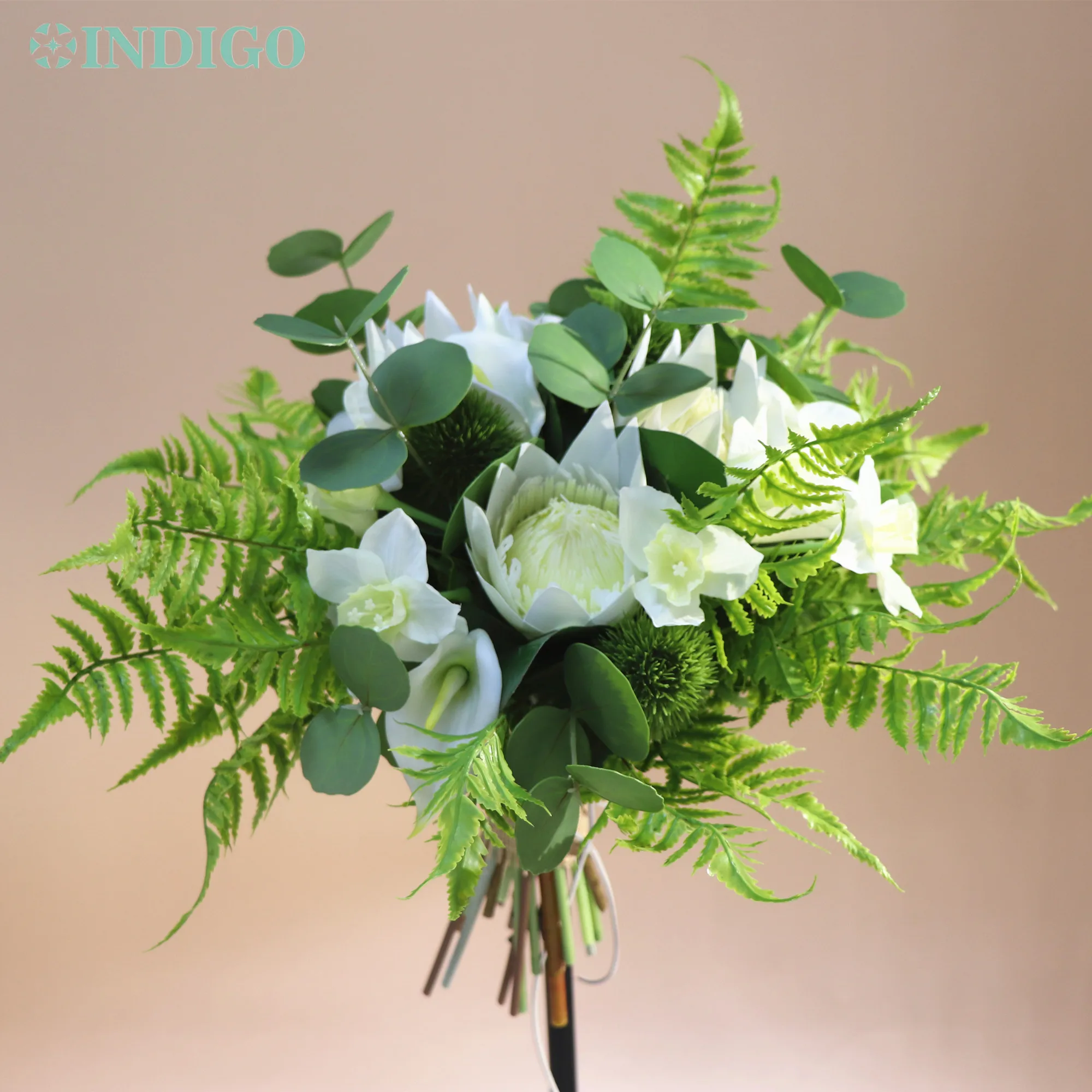 

White Protea Daffodil Calla Eucalyptus Handmade Bouquet Artificial Flower Wedding Bride HoldingChristmas Event - INDIGO