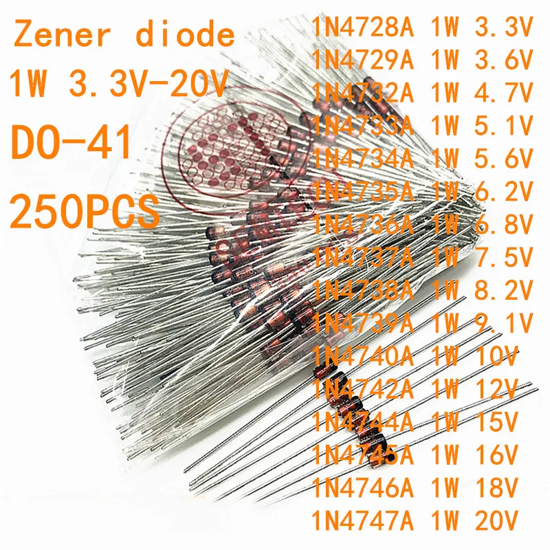 Комплект стабилитронных диодов 1N4728A-4754A, 1 Вт 250 В-36 В 4729A 4732A 4733A 4734A 4735A 4736A 4737A 4738A 1N4739A 4740A 4742A 4744A 4745A, 3,3 шт.
