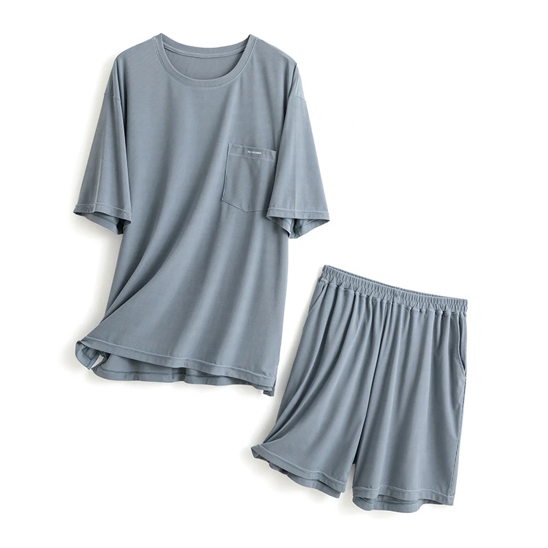 

Loose Men's Shorts Pajamas Summer Silk Thin Round Neck Pullover Tops with Shorts Plus Size Pajamas Home Clothes with Pocket