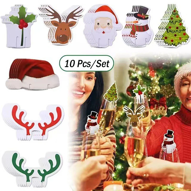 

10PCS Christmas Wine Glass Decorations Cup Cards Christmas Goblet Markers Table Decor Hat Party Holiday Supplies