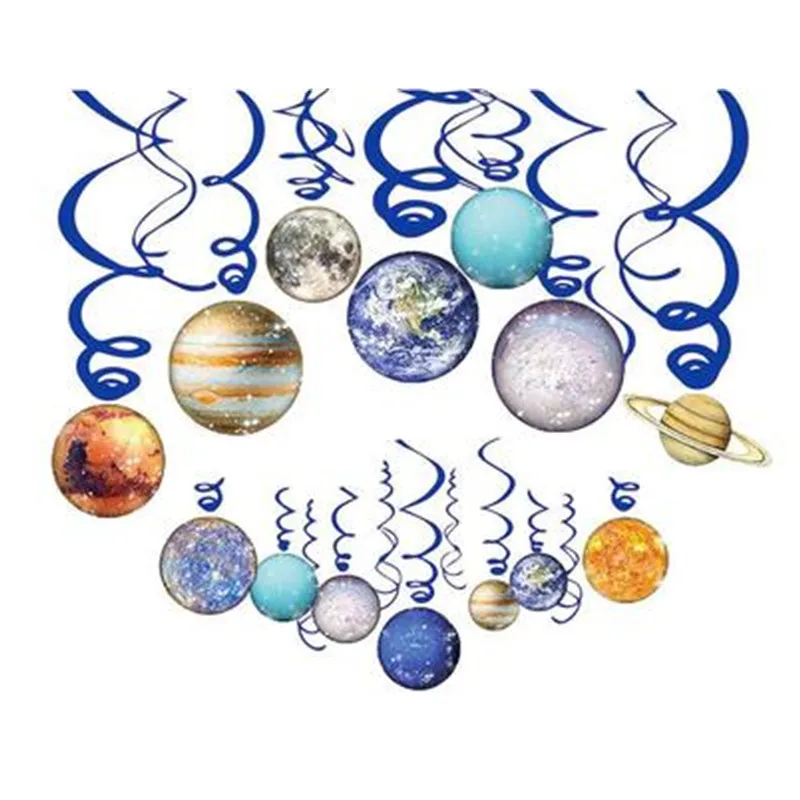 

30pcs Outer Space Planet Spiral Ornaments Ceiling Hanging Foil Swirls Mars Jupiter Dangling Streamers Birthday Party Decoration