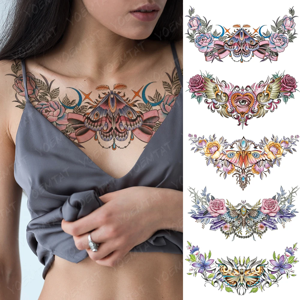 

Colorful Butterfly Large Chest Tattoo For Women Bow Moon Flower Waterproof Temporary Tatoo Sticker Waist Art Men Fake Tattoos
