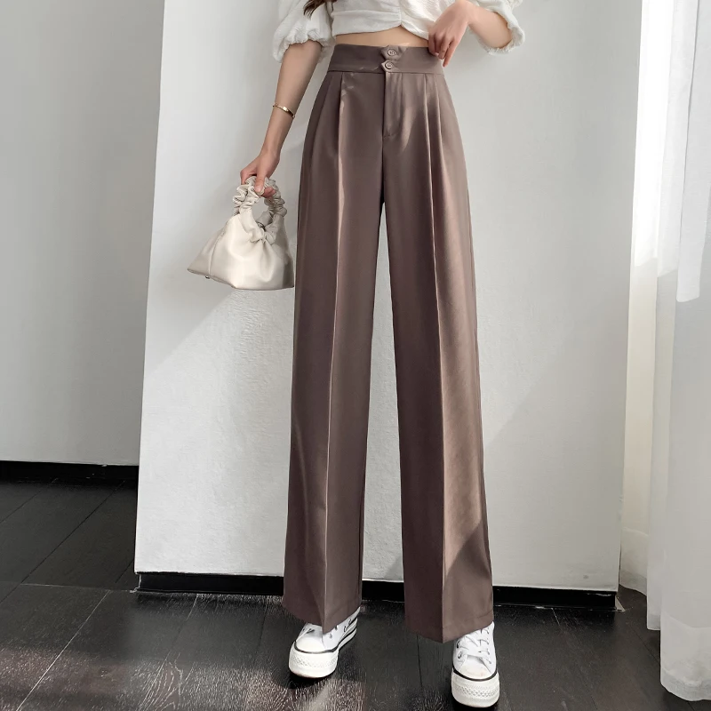 

Женские черные брюки на пуговицах, новинка 2023, широкие брюки, женские прямые свободные Костюмные брюки с высокой талией, повседневные женск...