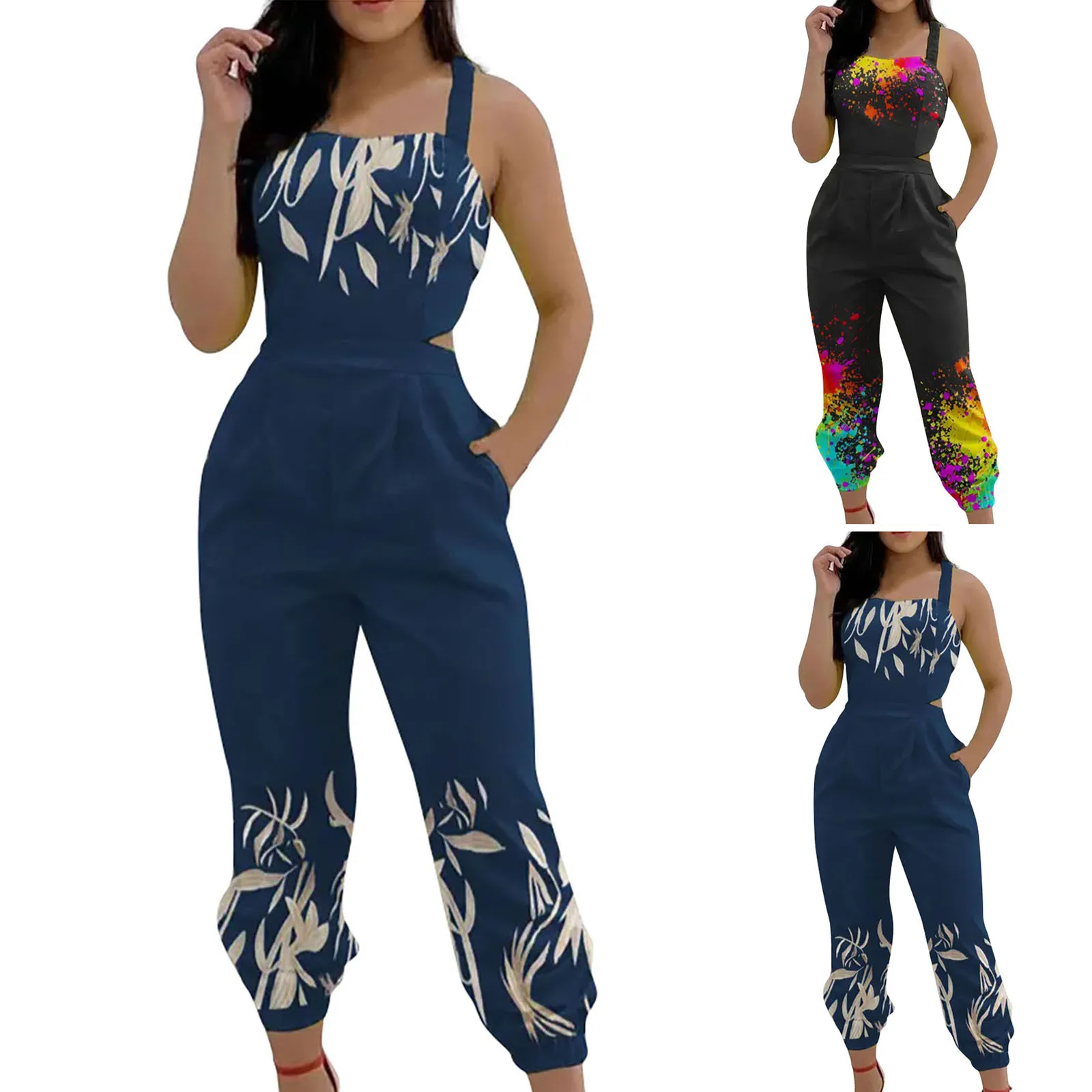 

Print Women Jumpsuit Autumn Long Sleeve Wide Leg Pants Elegant Rompers Casual Loose Plus size Overalls with Pocket
