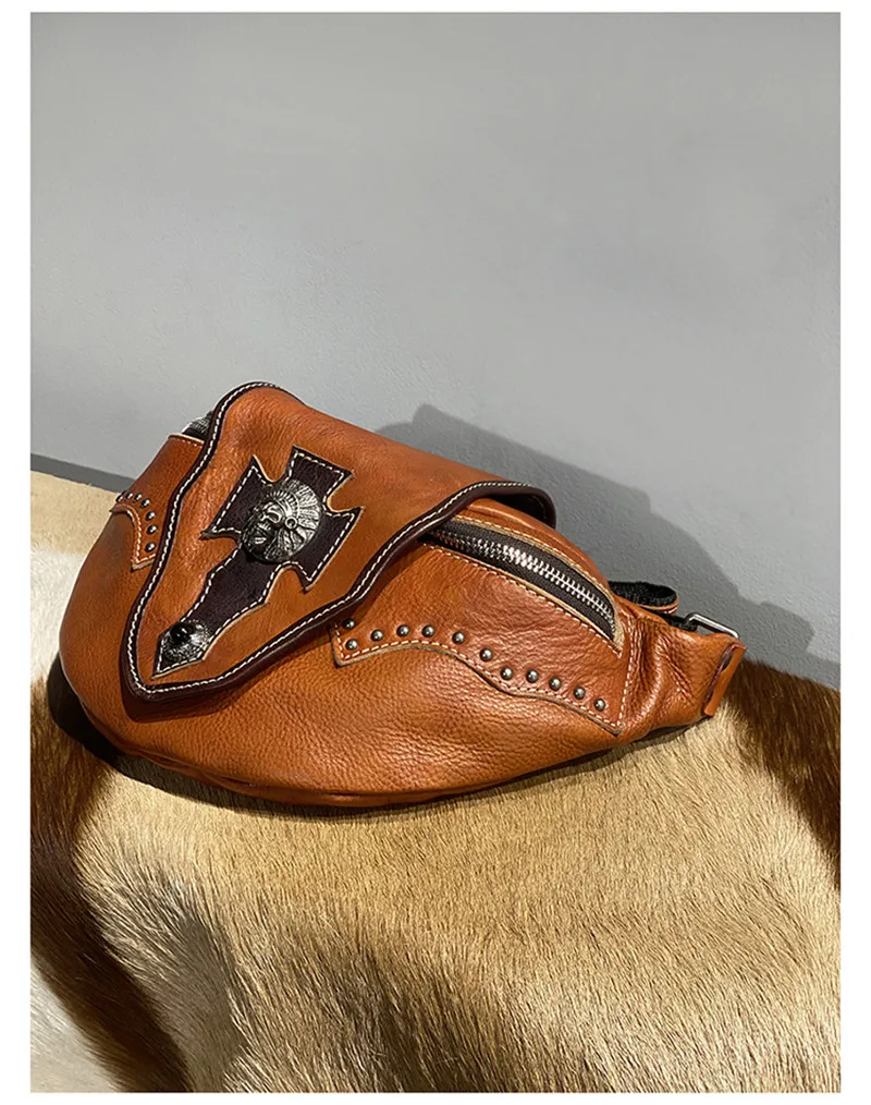 Retro Fashion High Quality Natural real Leather Men Brown Chest Bag Daily Outdoor Travel Sports Lightweight Messenger Bag Teens