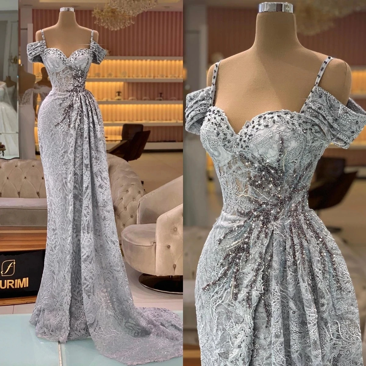 

Sexy Mermaid Grey Prom Gowns Lace Appliques Spaghetti Straps Evening Dresses Custom Made Beading Party Dresses