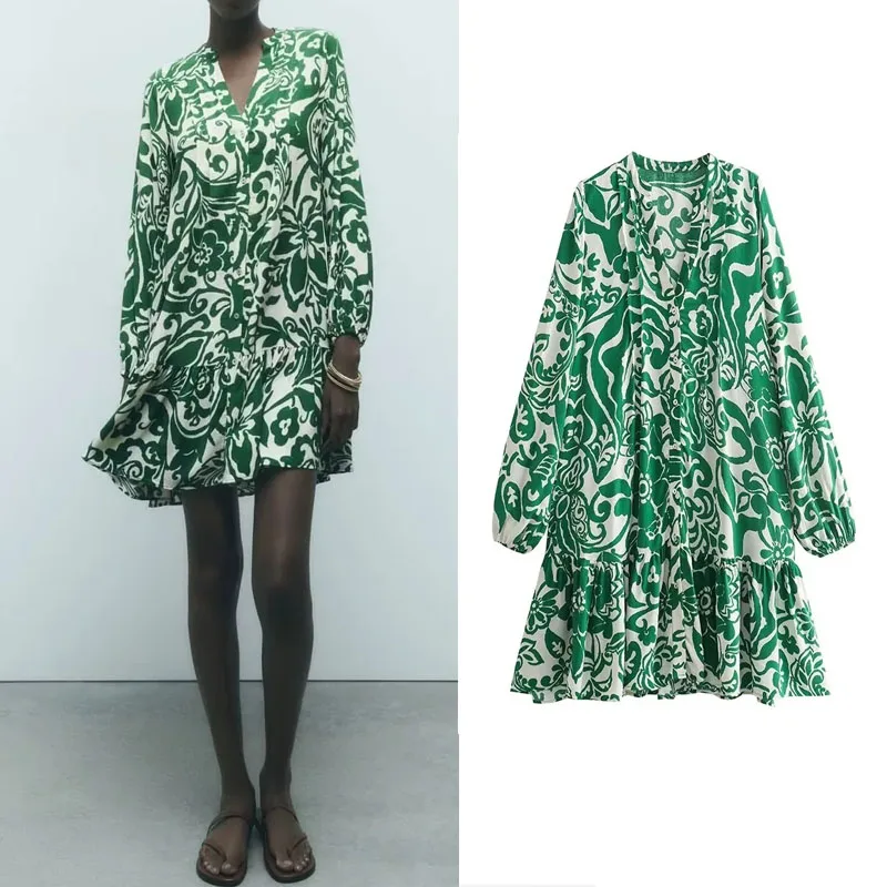 

TRAF 2023 Green Short Printed Dress Elasticated Long Sleeves Womens Dresses Fashion Ruffled Hem V-Neck Female Dress Party Dress