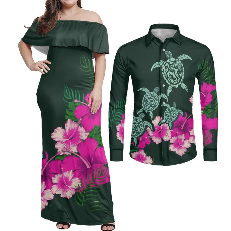

HYCOOL Polynesian Tonga Island Matching Couple Outfit Sea Turtle Pink Hibiscus Print Womens Green Long Off Shoulder Dress Ruffle