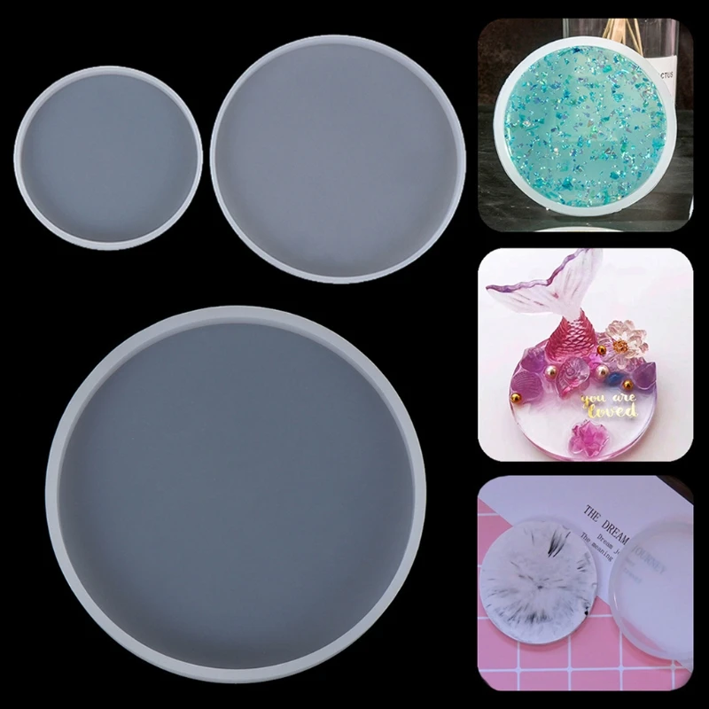 

E0BF 3 Pcs Round Tray Coaster Epoxy Resin Mold Cup Mat Mug Pad Silicone Mould DIY Crafts Jewelry Faux Agate Slices Home Decor