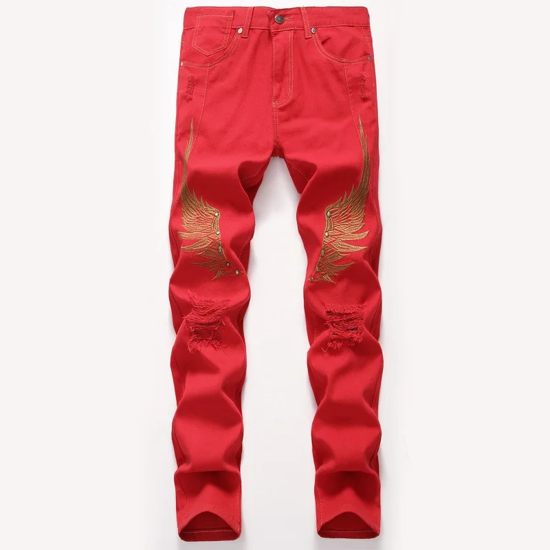 Men Jeans European and American Street Personality Embroidery Wings Hole Multicolor Jeans Hip Hop Streetwear Ins Hot Sale Denim