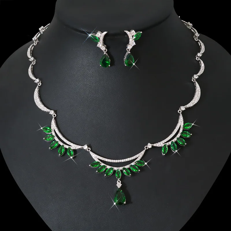 

Fashion High Quality Green Zirconia Necklace and Earring Set Fashion Wedding Jewellery Crystal Drop Bridal Accessories N-1238