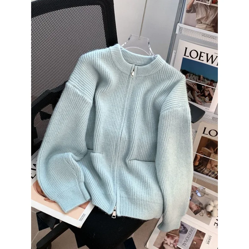 Женский мягкий вязаный кардиган на молнии Свободный Повседневный Кардиган