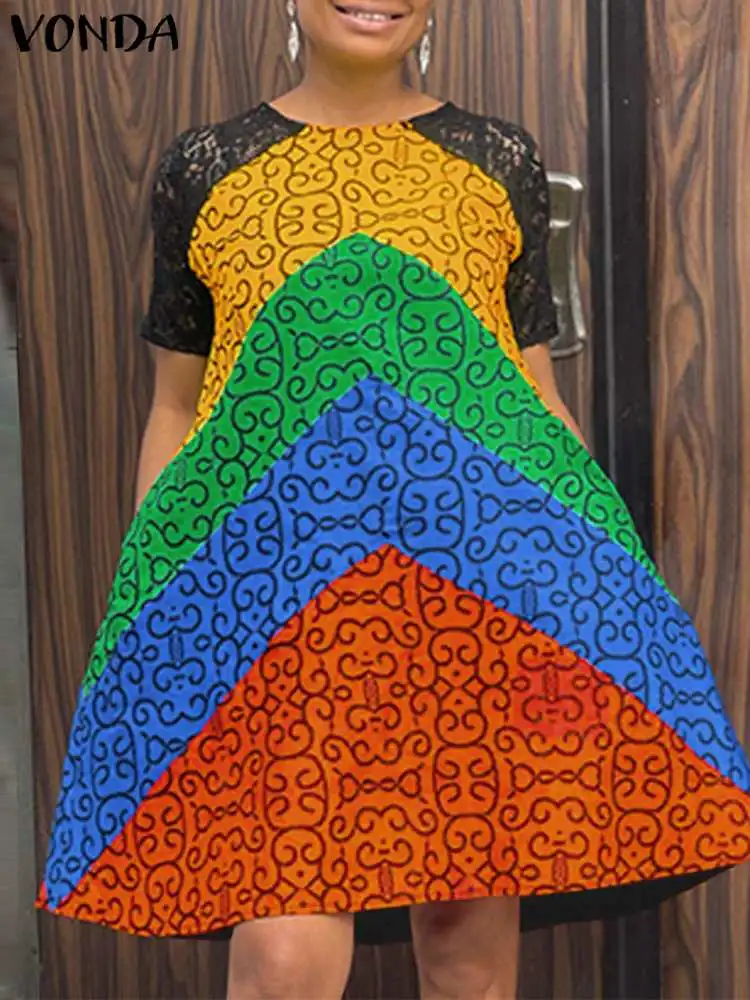 

Летний женский мини-сарафан VONDA 2023 с богемным принтом и коротким рукавом, цветное лоскутное платье, праздничное Плиссированное пляжное платье для женщин