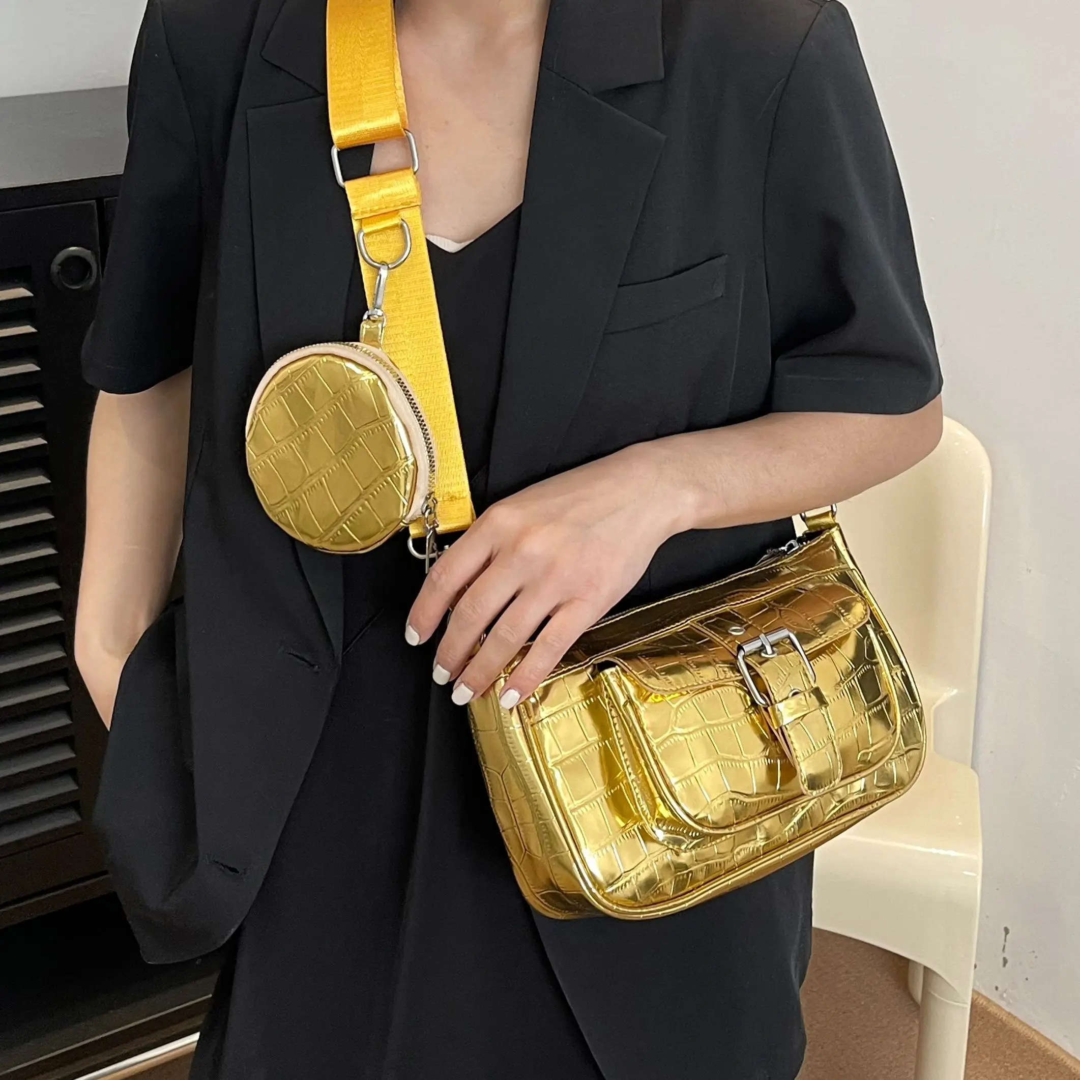 

Luxury Designer Bag Business Small Women's Bag Classical PU Leather Bag 3-IN-1 Wide Shoulder Bag Crossbody Bag Female Purse